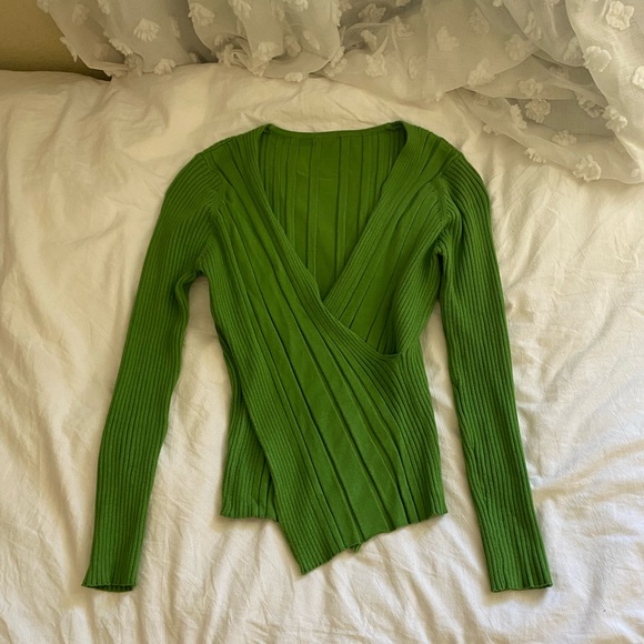 Free People Sweaters - Vintage Retro Y2K 90’s Green Knot Ribbed Wrap Long sleeve Sweater